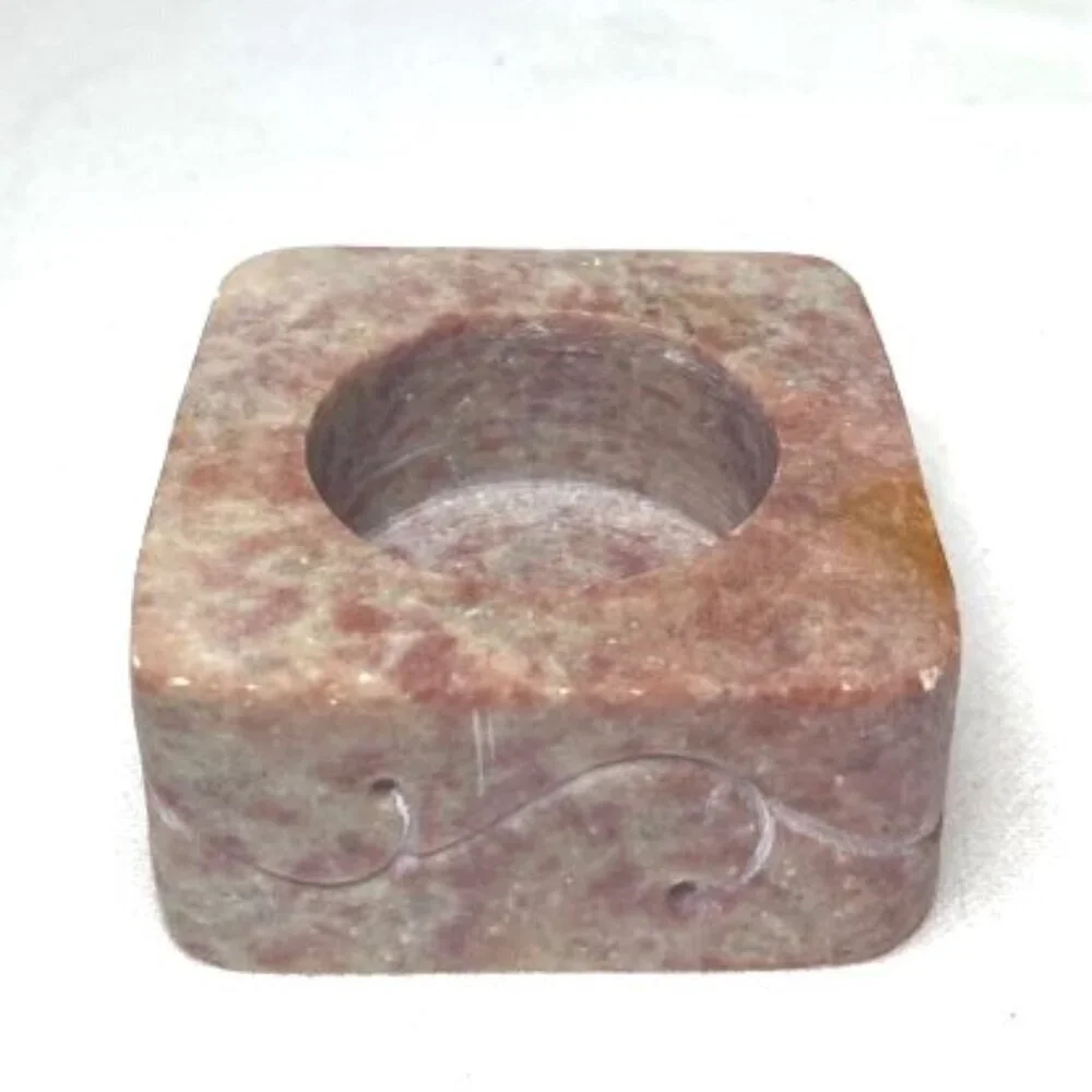 Vtg‎ Soapstone Votive Tea Light Holder Pink Square Carved Scroll Boho